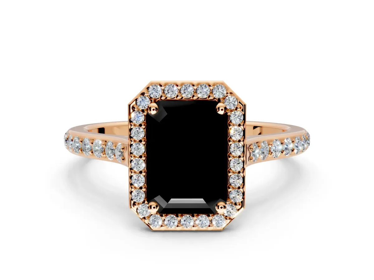 Halo Engagement Ring Setting for Fancy Black Emerald Cut Center with Pave Accents, Heart Basket and Prong Head in Rose Gold