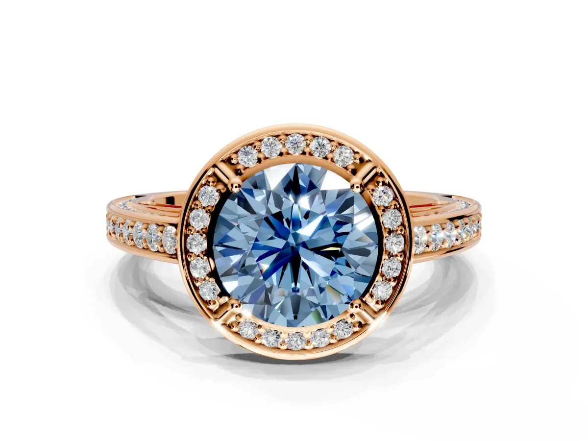 Halo Engagement Ring Setting for Fancy Blue Round Cut Center with Framed Halo, Pave Band and Prong Head in Rose Gold