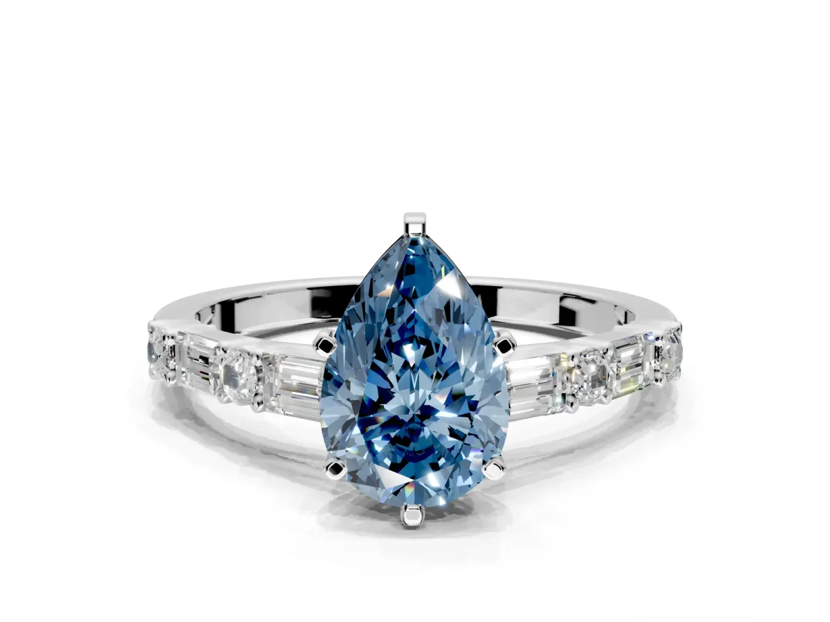 Baguette Engagement Ring Setting for Fancy Blue Pear-Shaped Center with Alternating Bar-Set Band and Prong Head in Sterling Silver