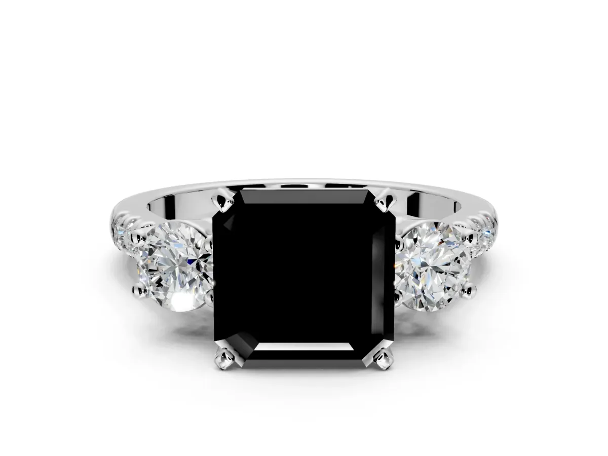 3 Stone Engagement Ring Setting for Fancy Black Asscher Cut Center with Crossover Basket, Pave Band and Prong Head in Platinum