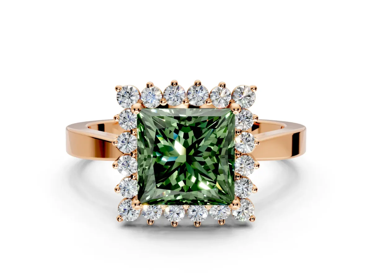 Starburst Halo Engagement Ring Setting for Fancy Green Princess Cut Center with Flat Cathedral Band and Prong Head in Rose Gold