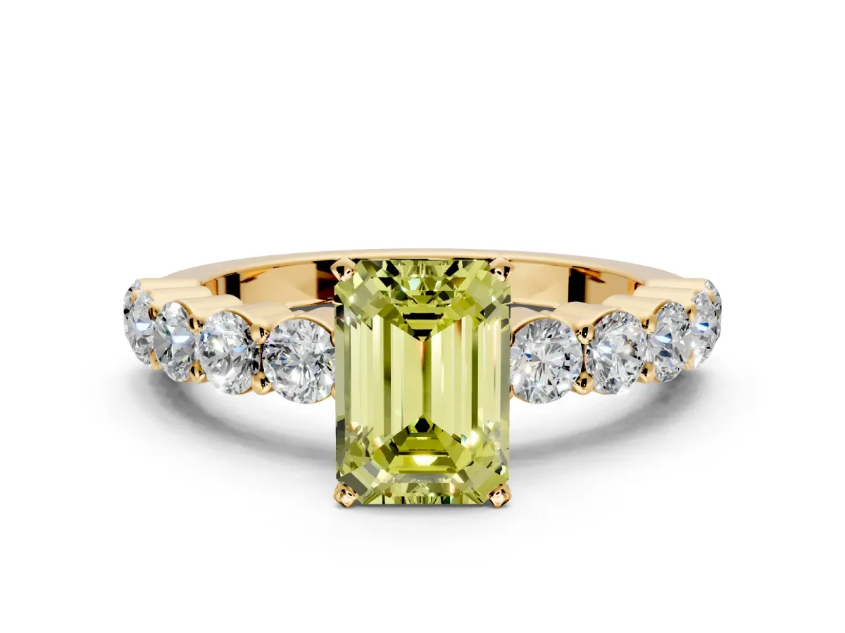 Shared-Prong Engagement Ring Setting for Fancy Yellow Emerald Cut Center with Graduated Accents and Prong Head in Yellow Gold