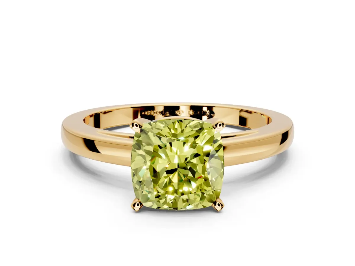 Solitaire Engagement Ring Setting for Fancy Yellow Cushion Cut Center with Basket Rail and Prong Head in Yellow Gold