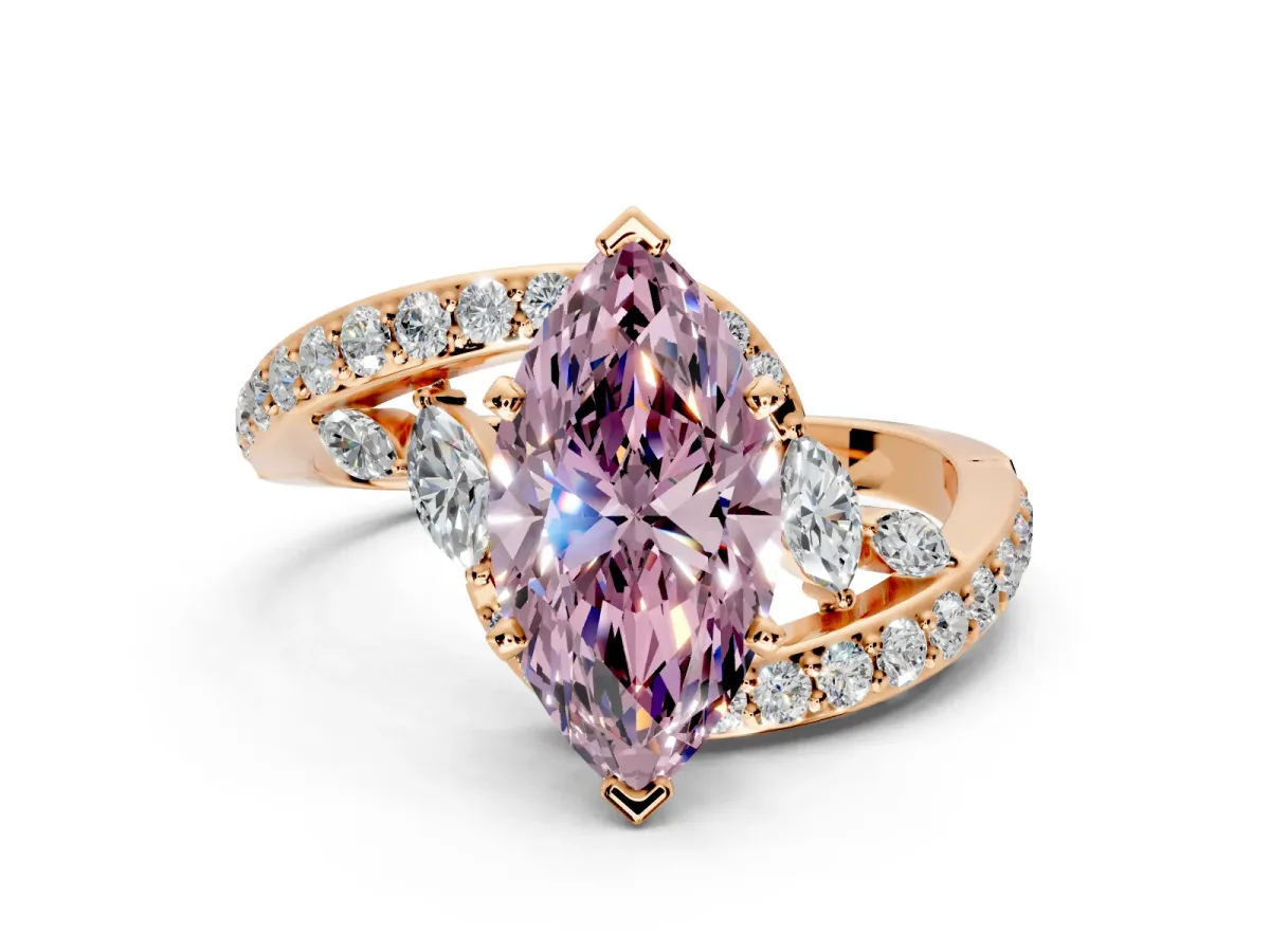 Solitaire Engagement Ring Setting for Fancy Pink Marquise Center with Pave Bypass Twist Band and Prong Head in Rose Gold
