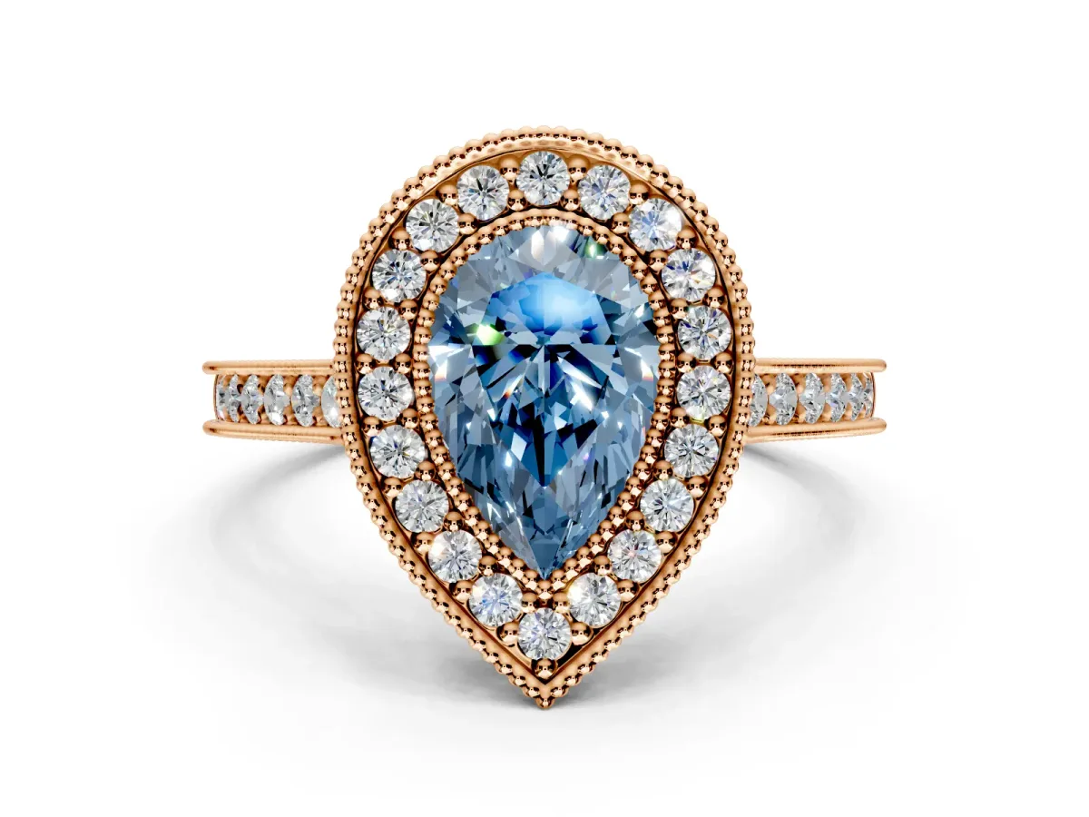 Halo Engagement Ring Setting for Fancy Blue Pear-Shaped Center with Milgrain Pave Band and Bezel Head in Rose Gold