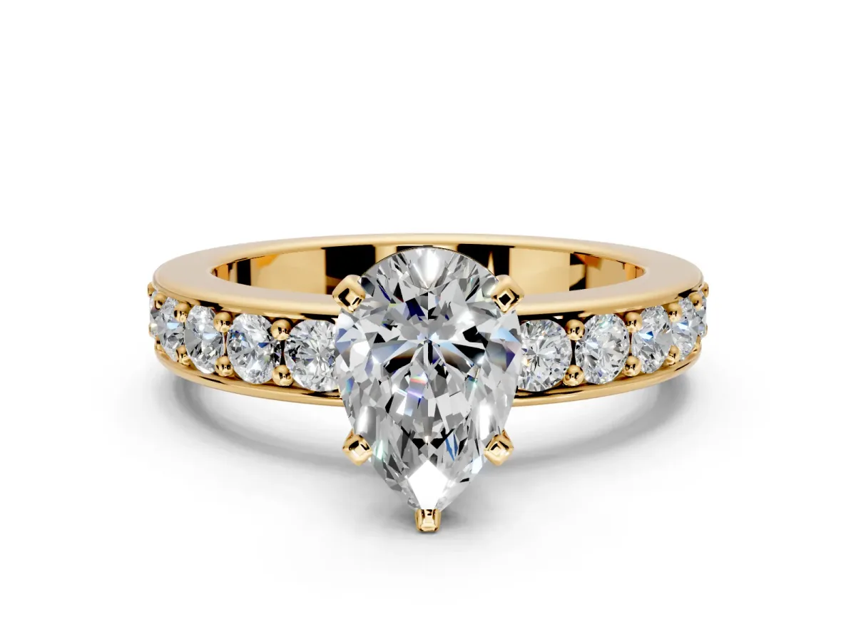 Solitaire Engagement Ring Setting for Pear-Shaped Center with Channel-Set Accents and Prong Head in Yellow Gold
