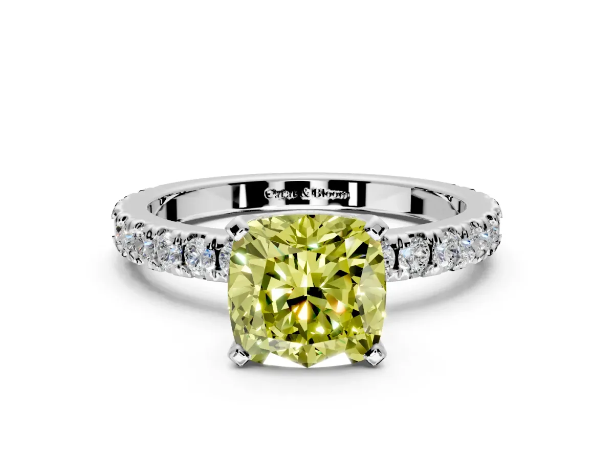 Solitaire Engagement Ring Setting for Fancy Yellow Cushion Cut Center with Fine Pave Band and Claw Prong Head in Sterling Silver