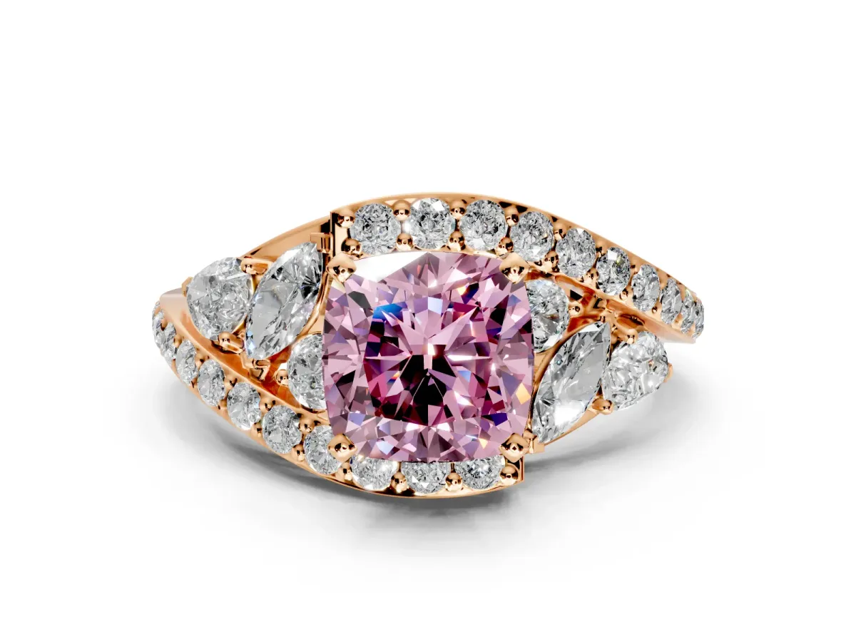 Halo Engagement Ring Setting for Fancy Pink Cushion Cut Center with Marquise and Pave Bypass Band and Prong Head in Rose Gold
