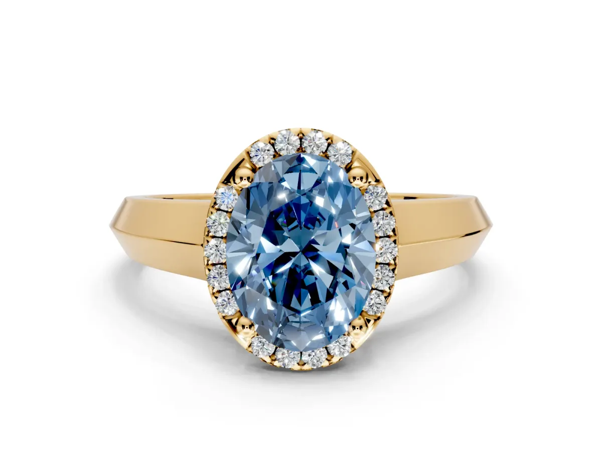 Halo Engagement Ring Setting for Fancy Blue Oval Center with Knife Ridge Cathedral Band and Prong Head in Yellow Gold