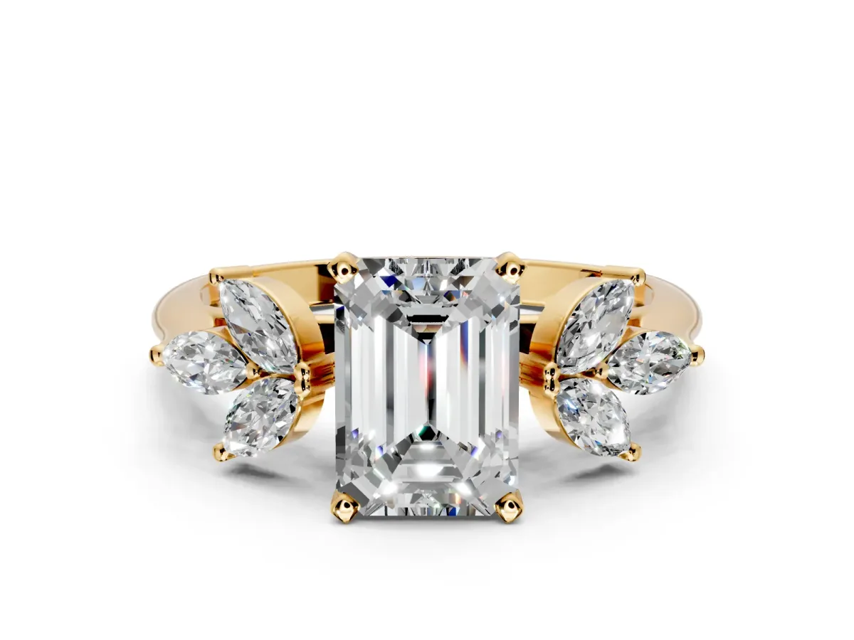 Floral Cluster Engagement Ring Setting for Emerald Cut Center with Marquise Accents and Prong Head in Yellow Gold
