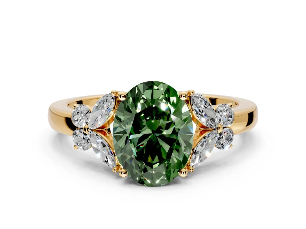Solitaire Engagement Ring Setting for Fancy Green Oval Center with Marquise Flower Shoulders and Prong Head in Yellow Gold