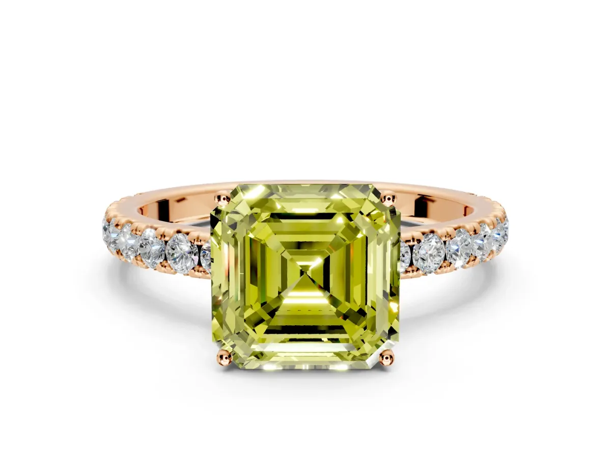 Solitaire Engagement Ring Setting for Fancy Yellow Asscher Cut Center with Large Accent Band and Prong Head in Rose Gold