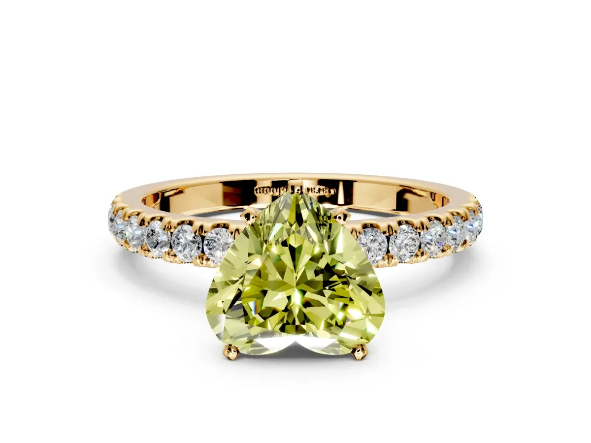 Open Basket Engagement Ring Setting for Fancy Yellow Heart-Shaped Center with Pave Band and Prong Head in Yellow Gold