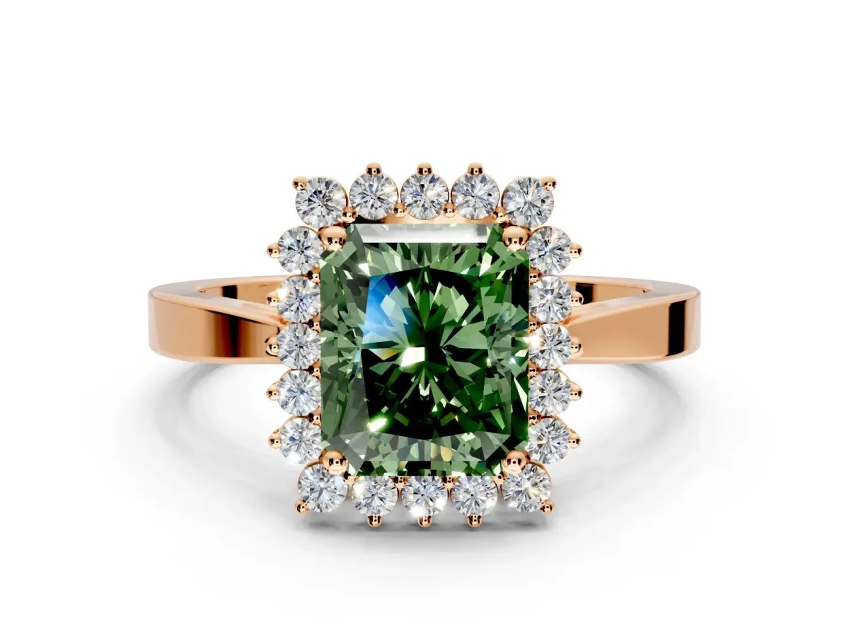 Starburst Halo Engagement Ring Setting for Fancy Green Radiant Cut Center with Flat Cathedral Band and Prong Head in Rose Gold