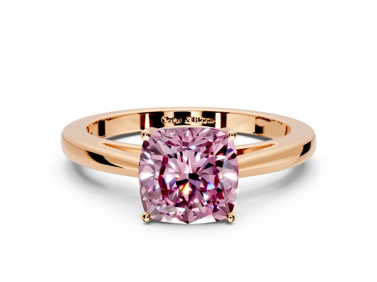 Solitaire Engagement Ring Setting for Fancy Pink Cushion Cut Center with Open Cathedral Shoulders and Prong Head in Rose Gold