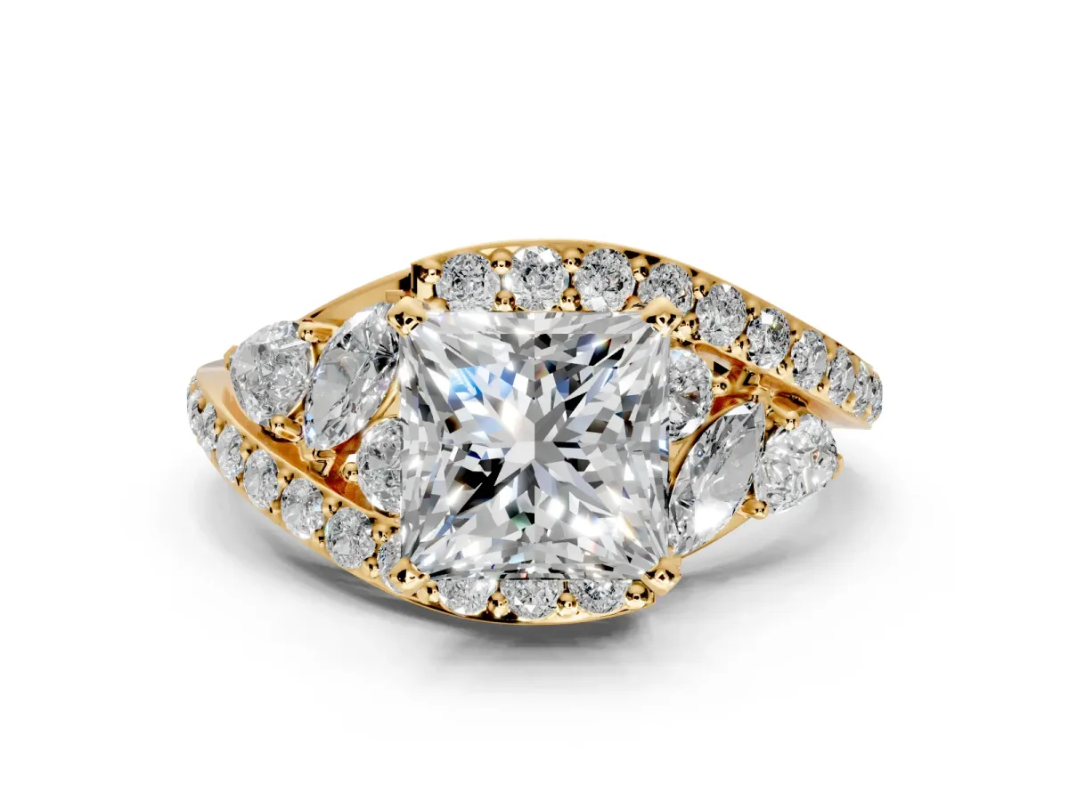 Halo Engagement Ring Setting for Princess Cut Center with Marquise and Pave Bypass Band and Prong Head in Yellow Gold