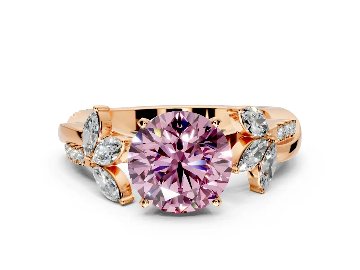 Floral Engagement Ring Setting for Fancy Pink Round Cut Center with Trailing Marquise Accents and Prong Head in Rose Gold
