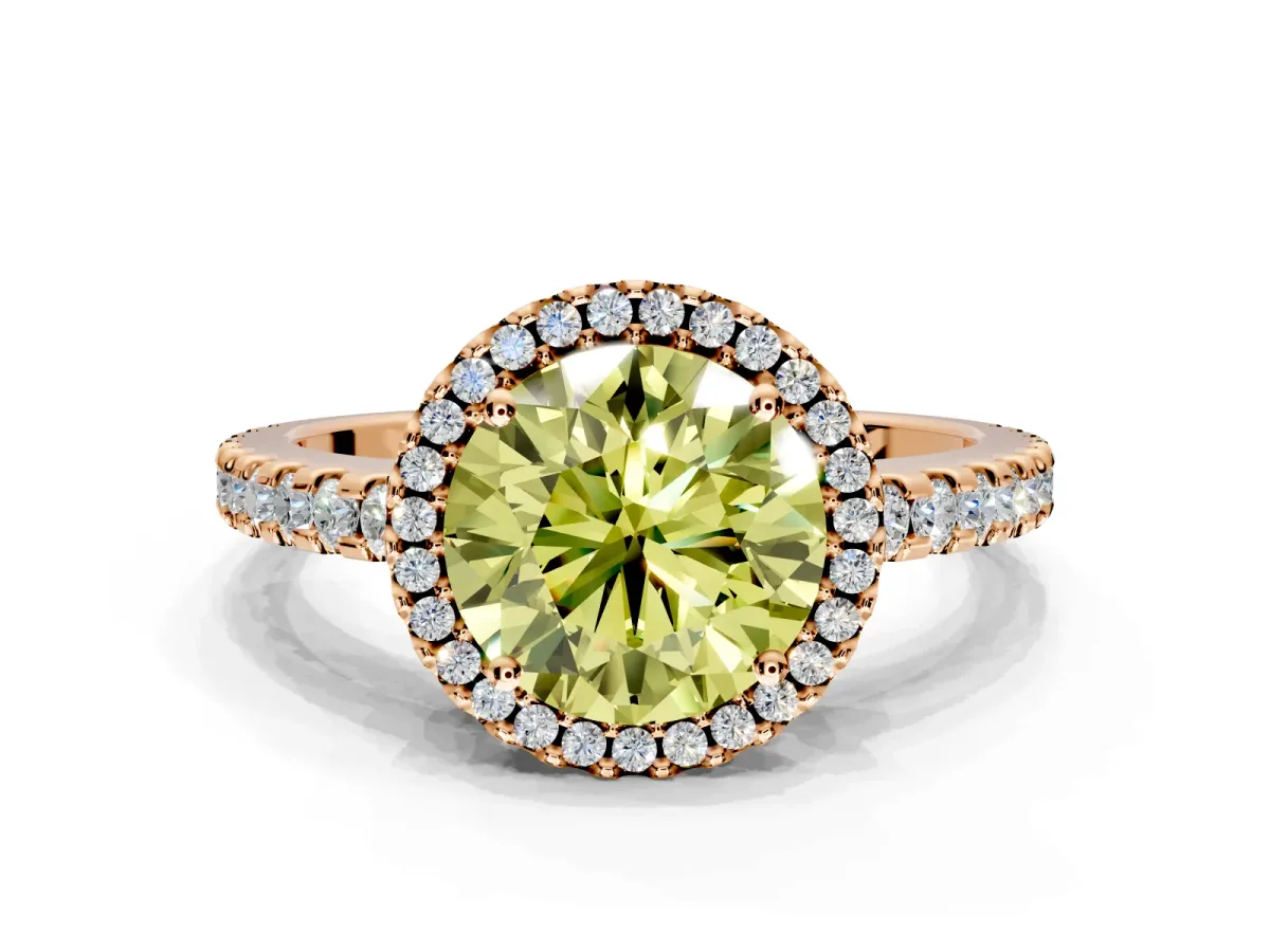 Accent Halo Engagement Ring Setting for Fancy Yellow Round Cut Center with Full-Length Pave Band and Prong Head in Rose Gold