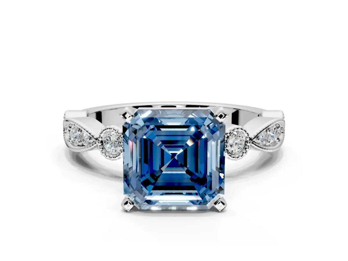 Solitaire Engagement Ring Setting for Fancy Blue Asscher Cut Center with Milgrain Bezel Accents and Prong Head in Platinum