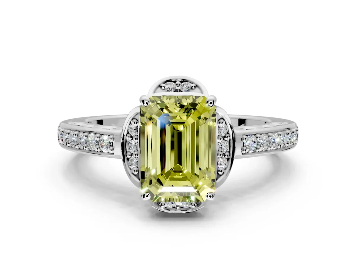 Floral Engagement Ring Setting for Fancy Yellow Emerald Cut Center with Four Accent Clusters and Prong Head in Platinum