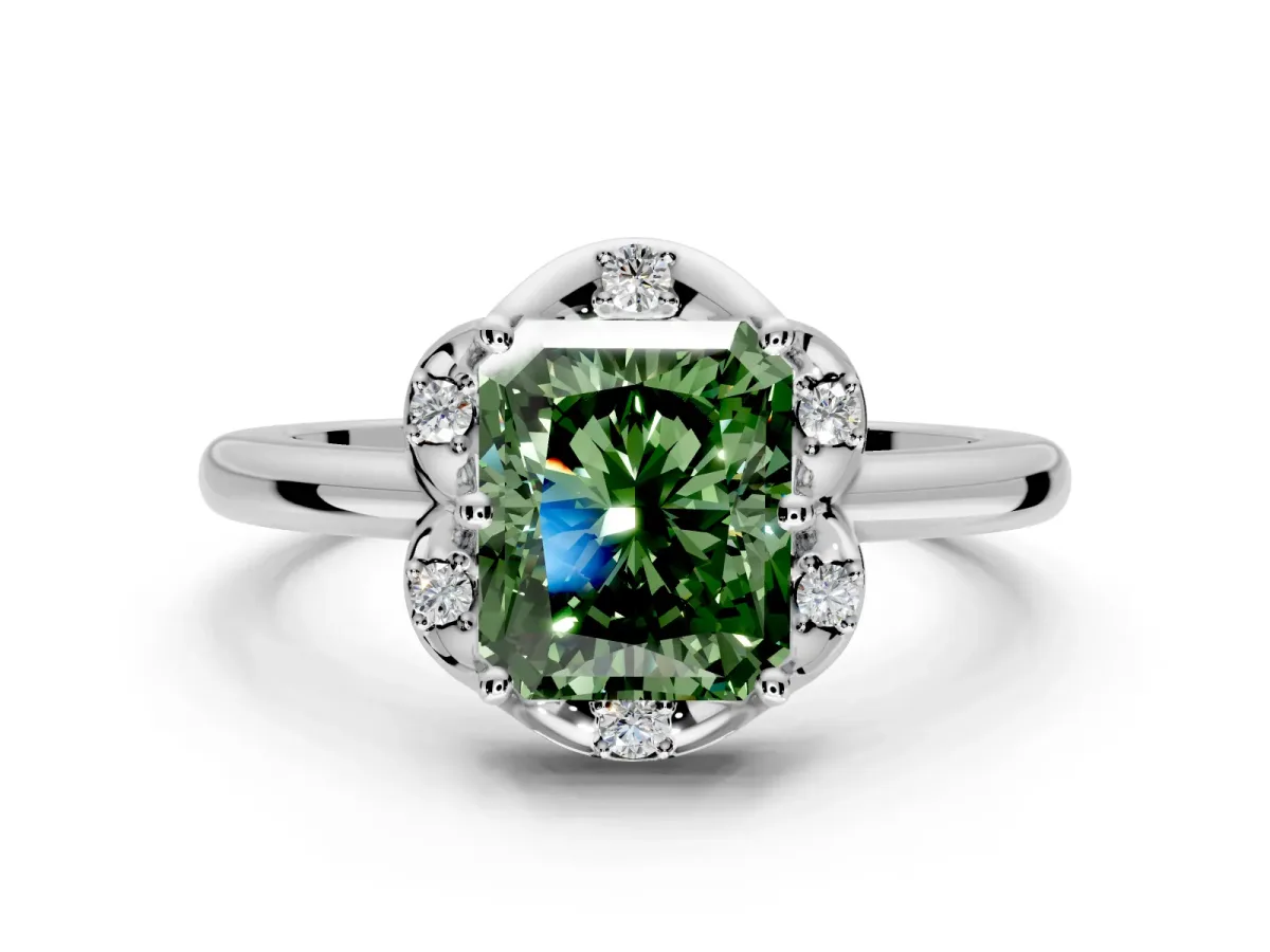 Floral Frame Engagement Ring Setting for Fancy Green Radiant Cut Center with Accent Clusters and Prong Head in Platinum