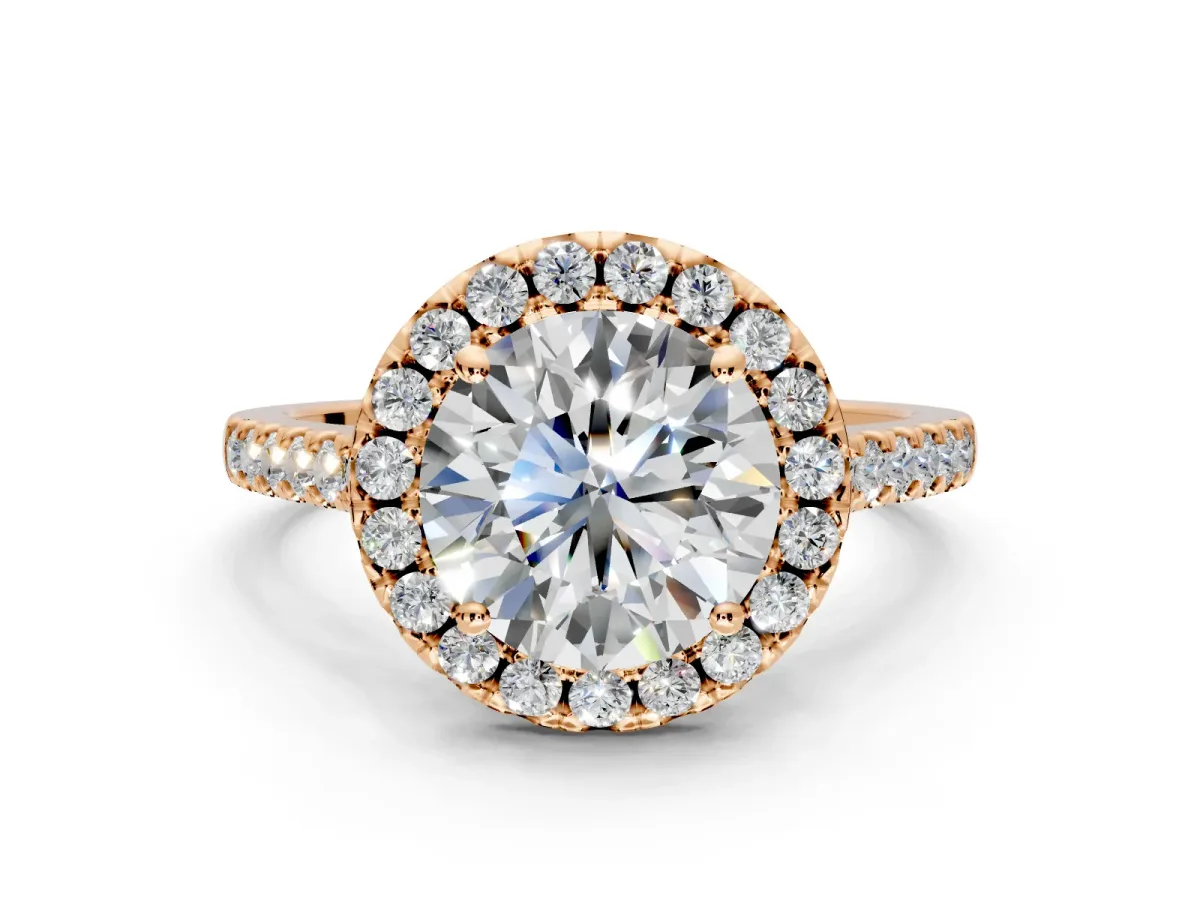 Halo Engagement Ring Setting for Round Cut Center with Raised Halo, Pave Band and Prong Head in Rose Gold