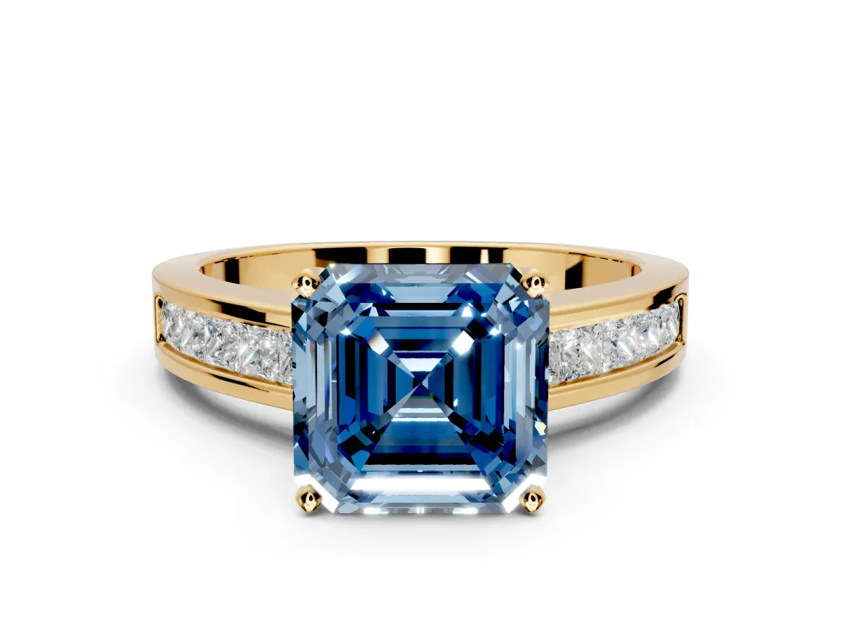 Solitaire Engagement Ring Setting for Fancy Blue Asscher Cut Center with Princess Cut Channel Band and Prong Head in Yellow Gold