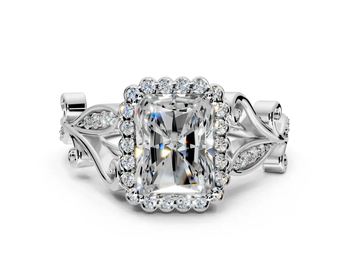 Halo Engagement Ring Setting for Radiant Cut Center with Leaf Motif Split Shank and Prong Head in Sterling Silver