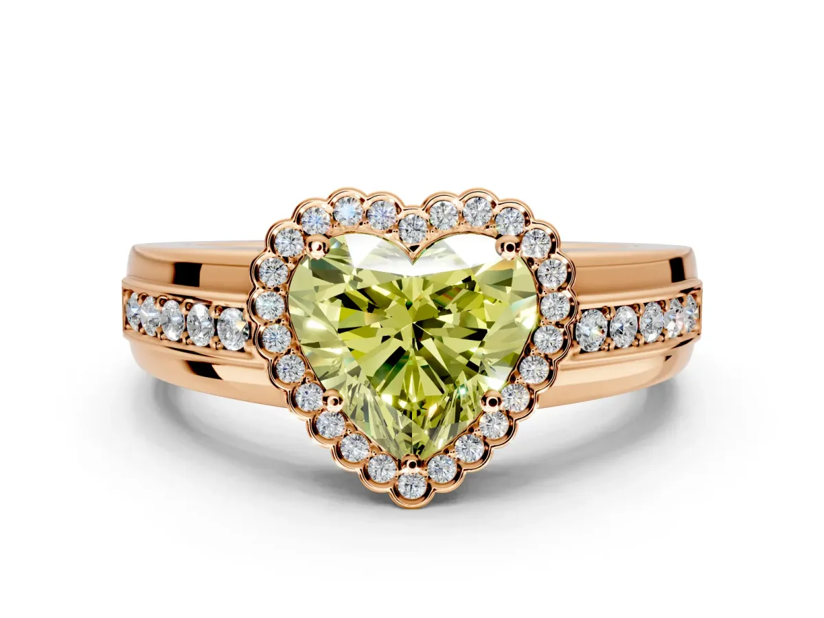 Halo Engagement Ring Setting for Fancy Yellow Heart-Shaped Center with Wide Band, Inlaid Accent Row and Prong Head in Rose Gold