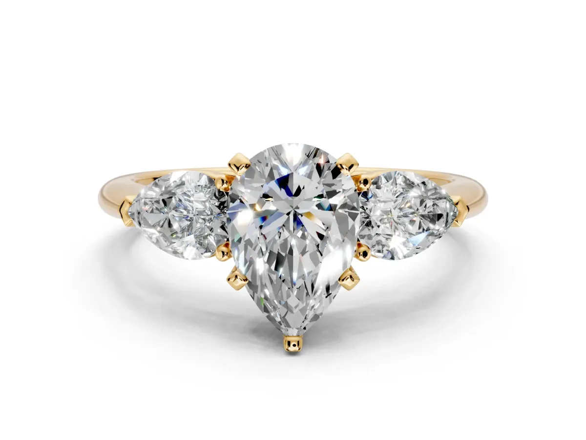 3 Stone Engagement Ring Setting for Pear-Shaped Center with Large Pear-Shaped Accents and Prong Head in Yellow Gold