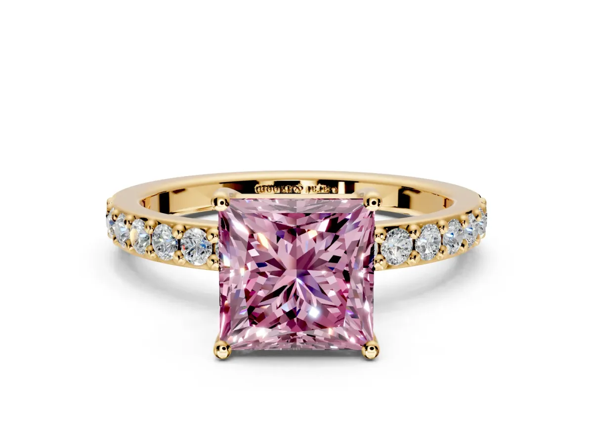 Solitaire Engagement Ring Setting for Fancy Pink Princess Cut Center with Round Cut Pave Band and Prong Head in Yellow Gold
