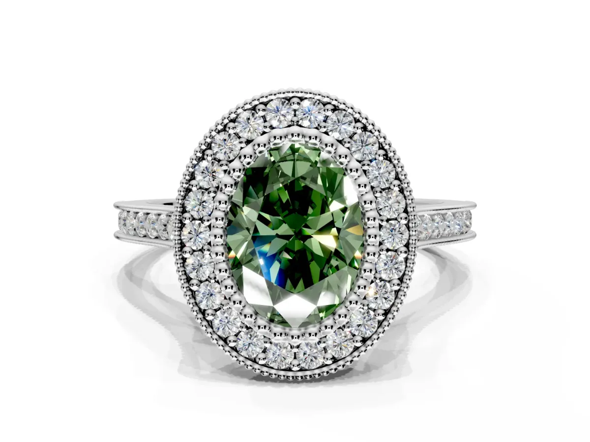 Halo Engagement Ring Setting for Fancy Green Oval Center with Milgrain Frame, Pave Band and Prong Head in Platinum