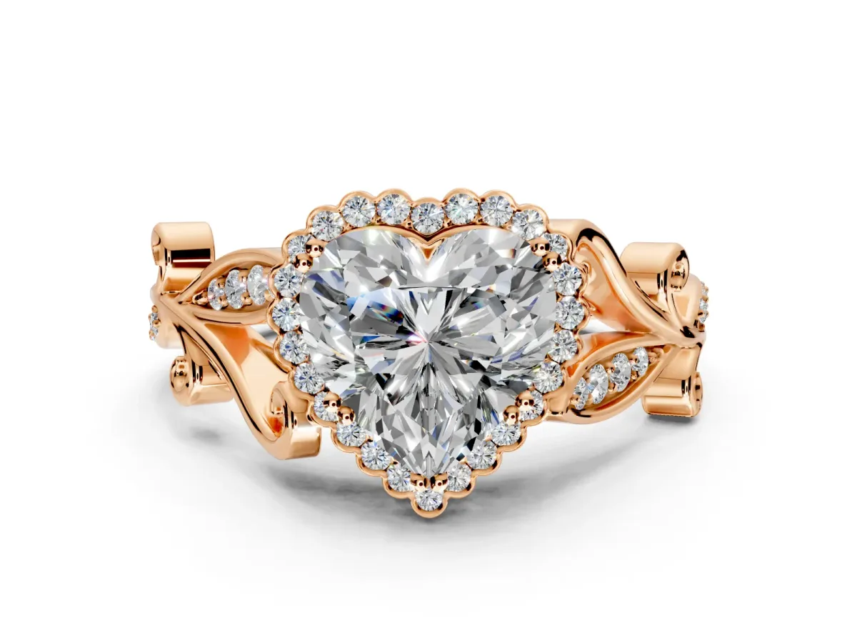 Halo Engagement Ring Setting for Heart-Shaped Center with Leaf Motif Split Shank and Prong Head in Rose Gold