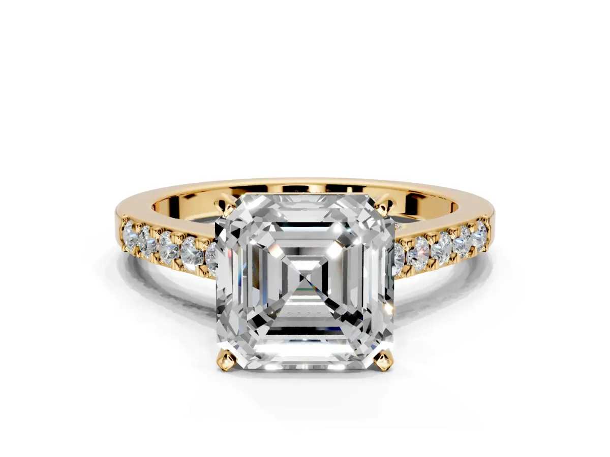 Solitaire Engagement Ring Setting for Asscher Cut Center with Crossover Accents and Prong Head in Yellow Gold