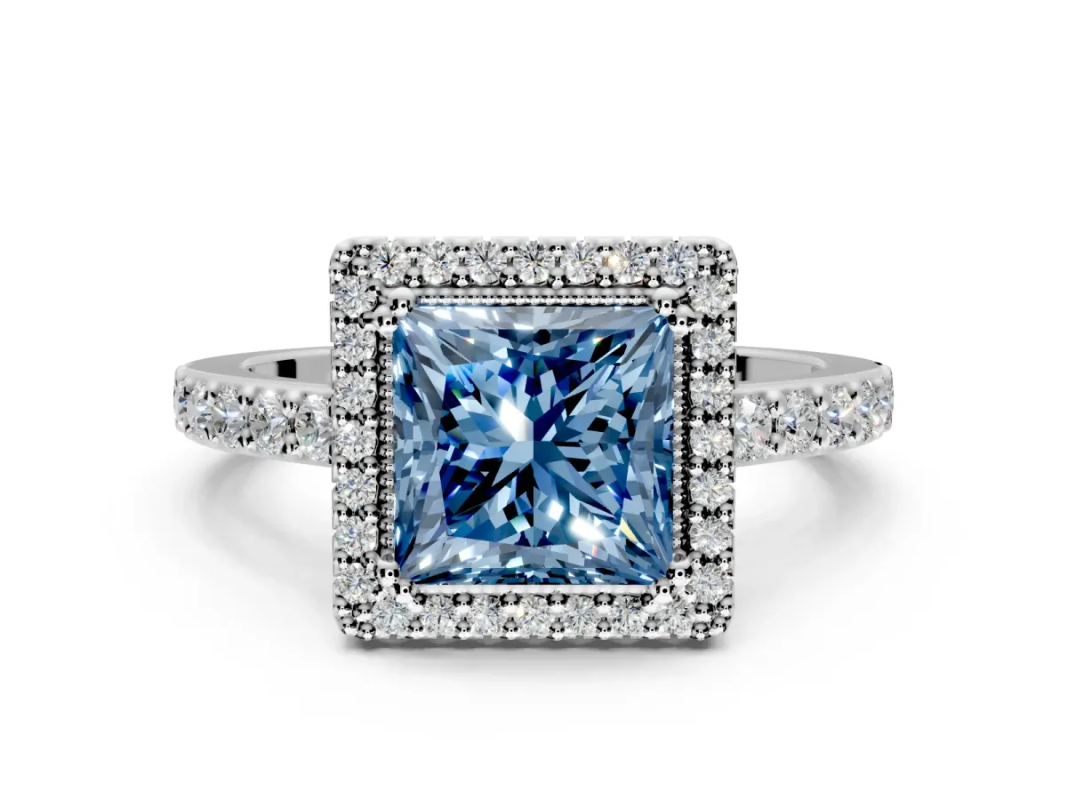 Halo Engagement Ring Setting for Fancy Blue Princess Cut Center with Inner Milgrain Border and Prong Head in Platinum