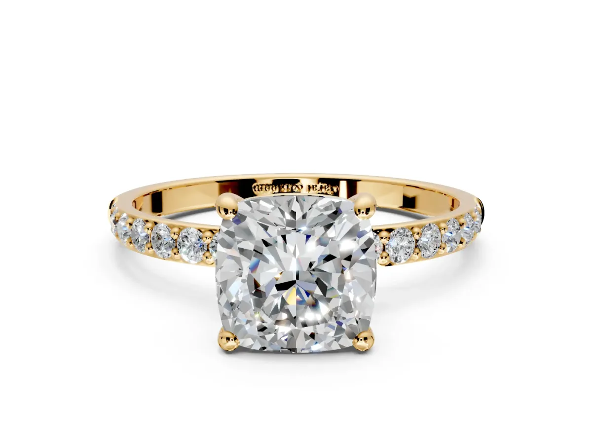 Solitaire Engagement Ring Setting for Cushion Cut Center with Pave Accents and Prong Head in Yellow Gold
