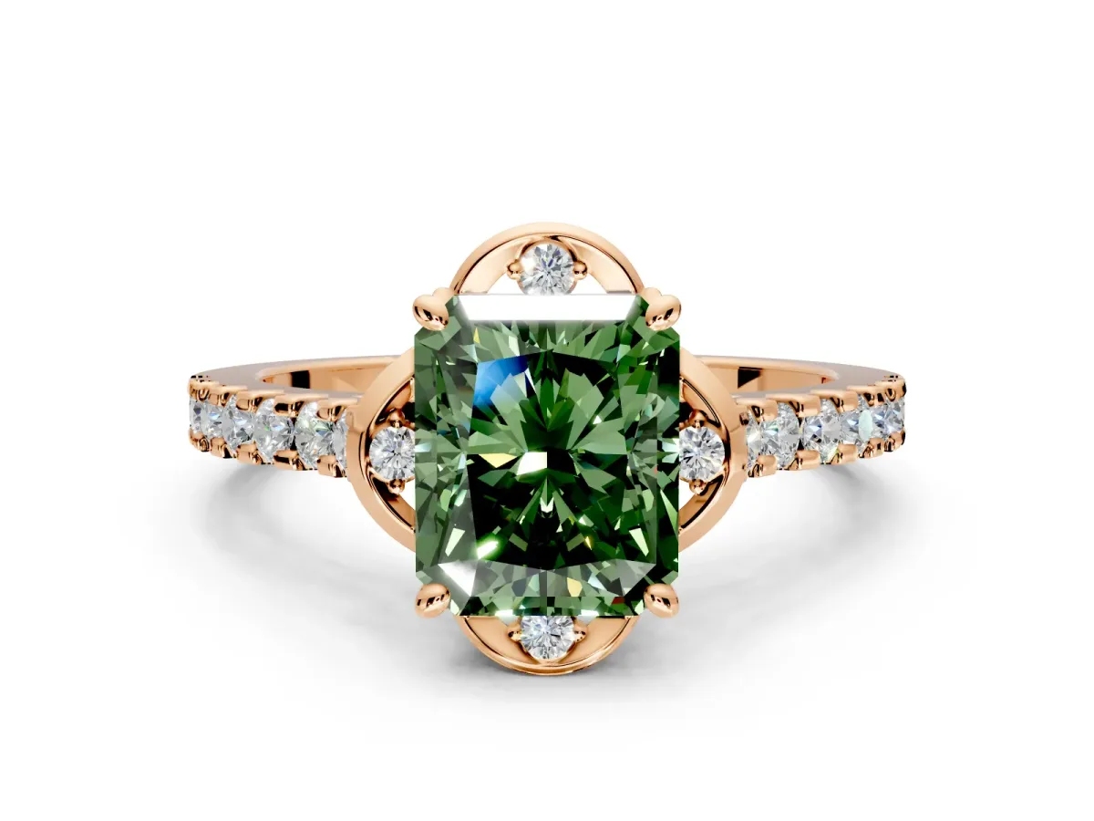 Floral Engagement Ring Setting for Fancy Green Radiant Cut Center with Pave Band and Floral Prong Head in Rose Gold