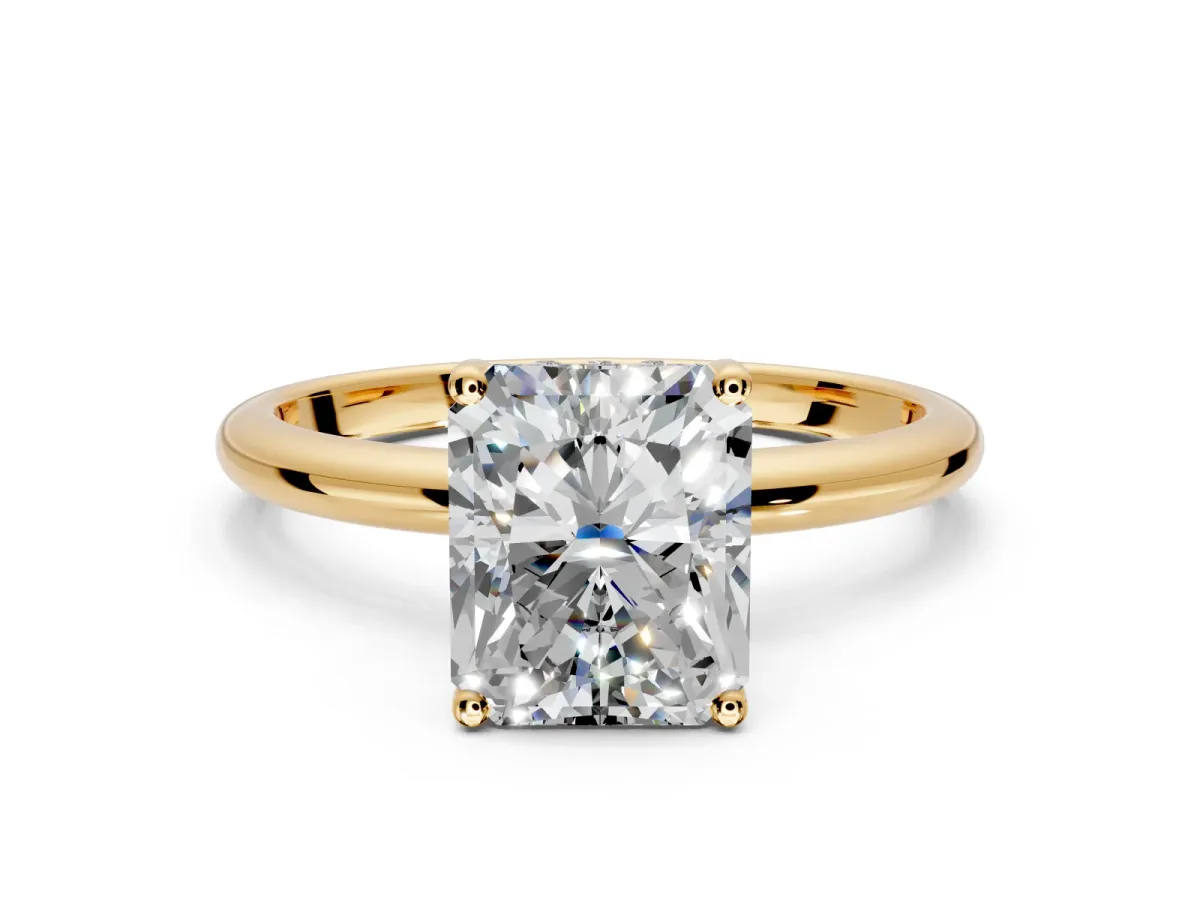 Hidden Halo Engagement Ring Setting for Radiant Cut Center with Thin Round-Wire Band and Prong Head in Yellow Gold
