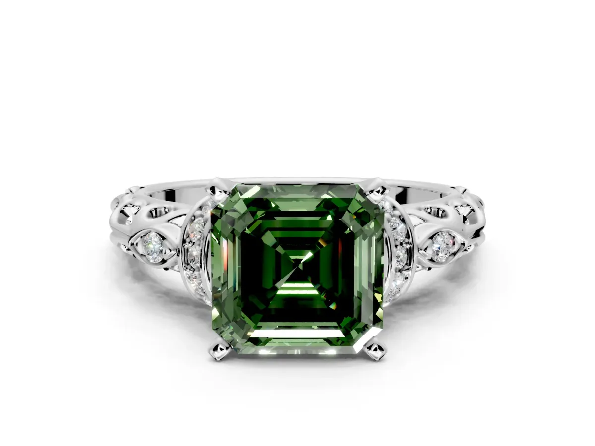 Solitaire Engagement Ring Setting for Fancy Green Asscher Cut Center with Filigree Band and Prong Head in White Gold