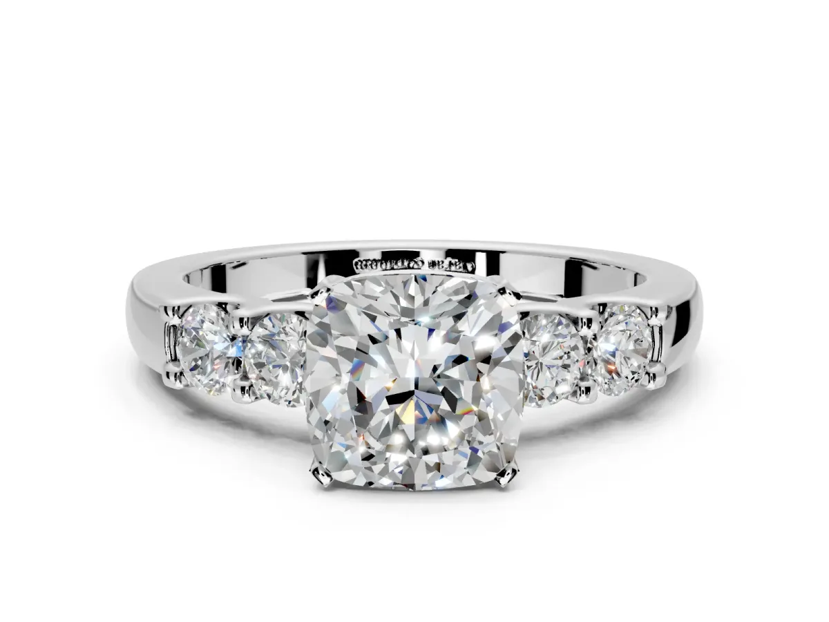 5 Stone Engagement Ring Setting for Cushion Cut Center with Plain Band and Prong Head in Sterling Silver