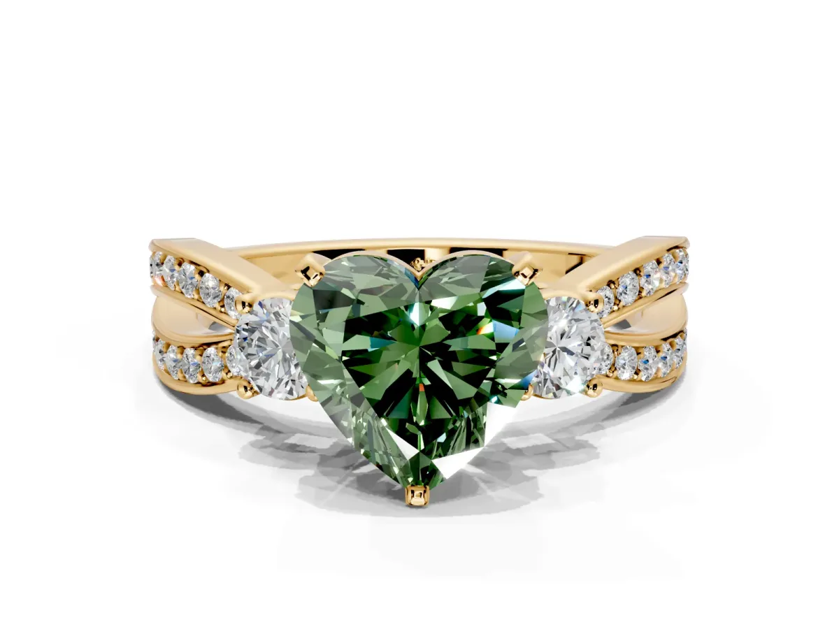 3 Stone Engagement Ring Setting for Fancy Green Heart-Shaped Center with Pave Twist Band and Prong Head in Yellow Gold