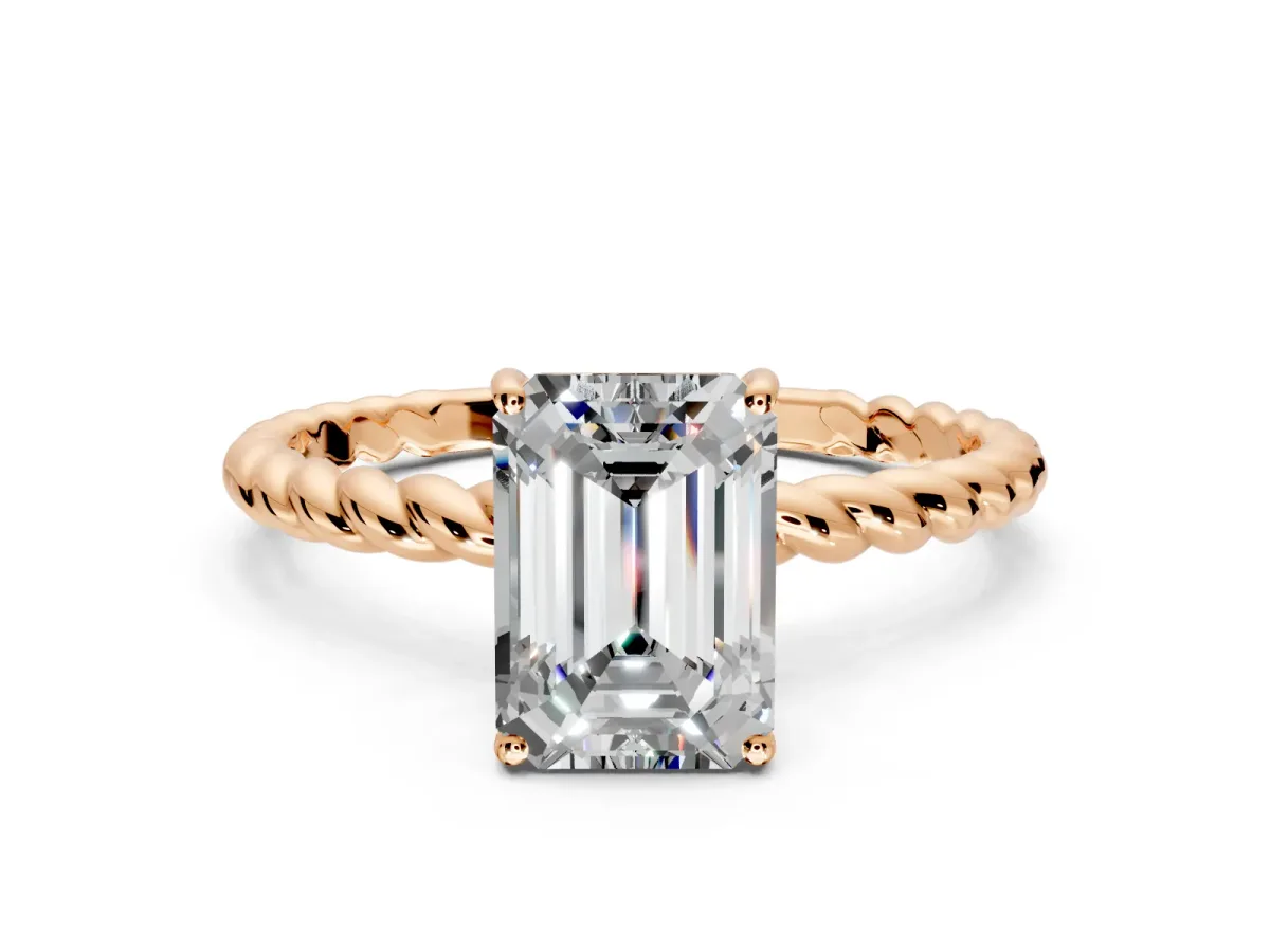 Solitaire Engagement Ring Setting for Emerald Cut Center with Plain Twisted Rope Band and Prong Head in Rose Gold
