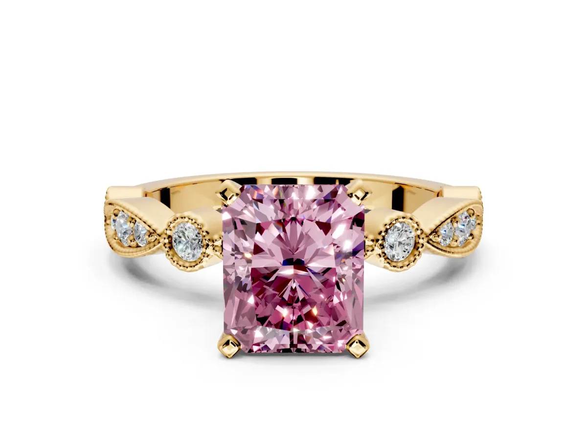 Solitaire Engagement Ring Setting for Fancy Pink Radiant Cut Center with Milgrain Bezel Accents and Prong Head in Yellow Gold