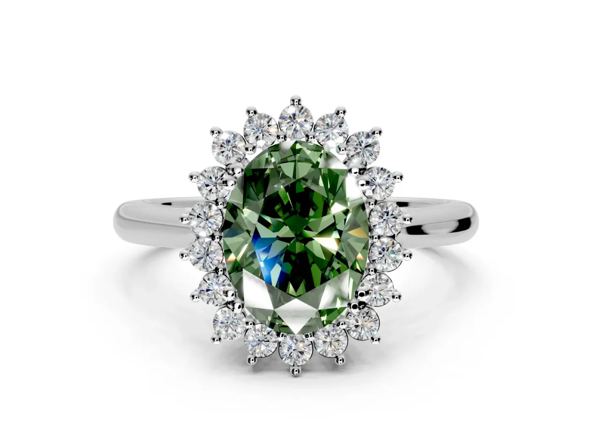 Starburst Halo Engagement Ring Setting for Fancy Green Oval Center with Thin Round-Wire Band and Prong Head in Platinum