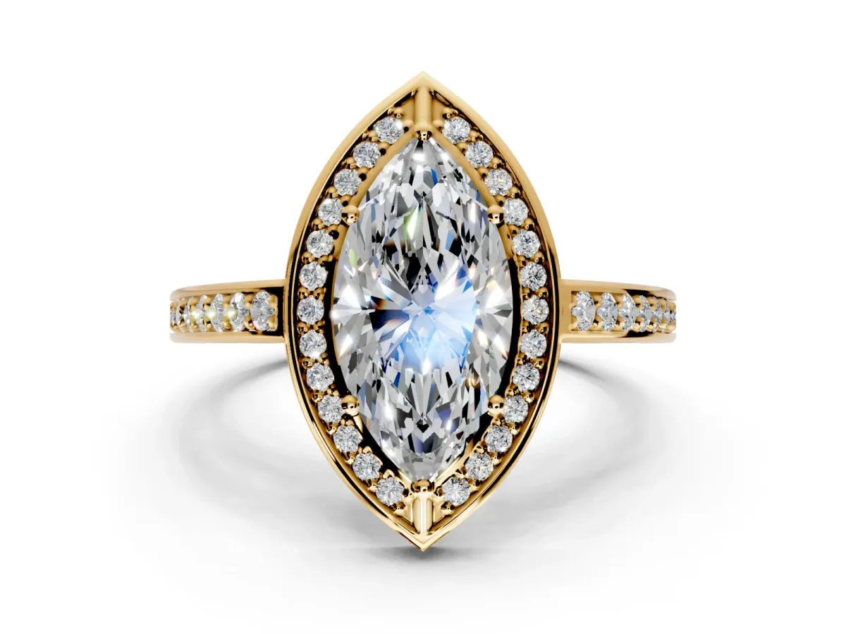 Halo Engagement Ring Setting for Marquise Center with Framed Halo, Pave Band and Prong Head in Yellow Gold