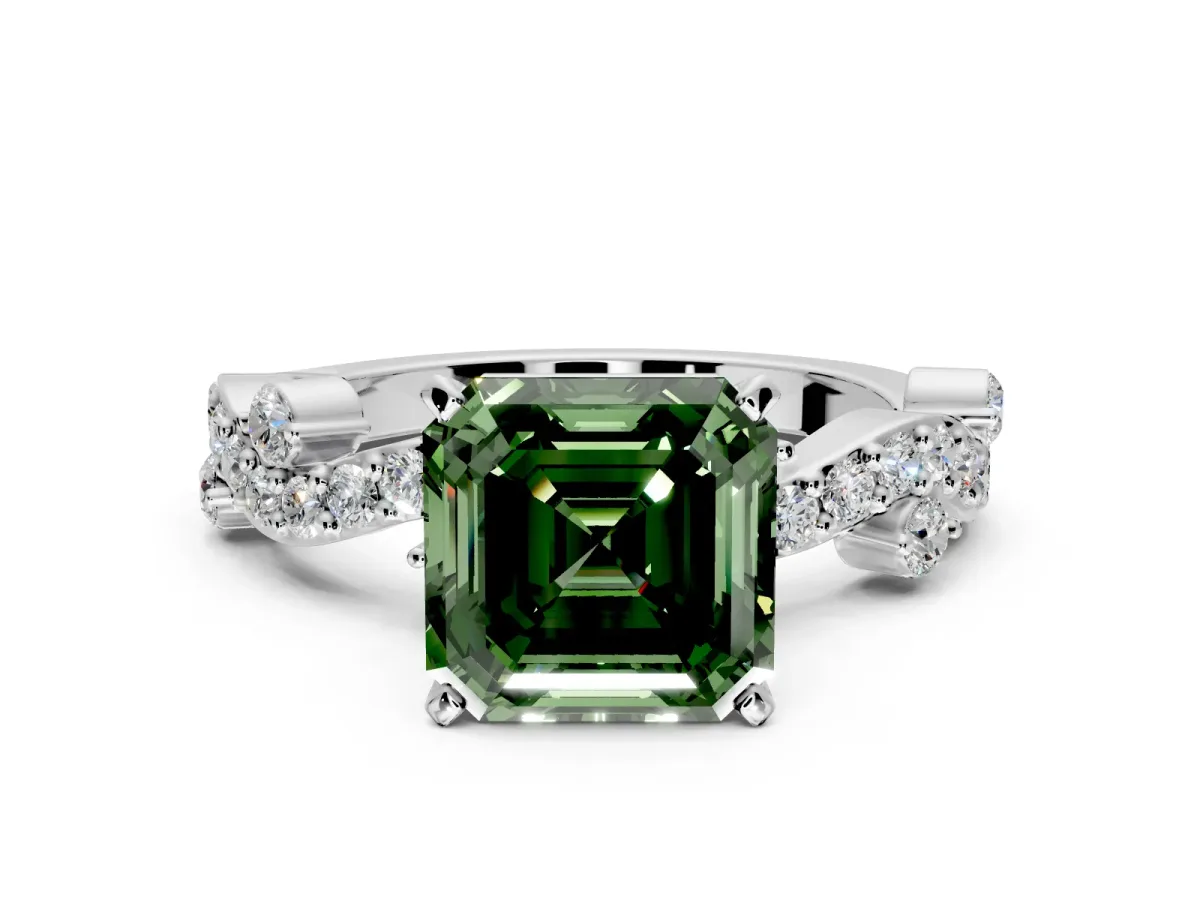 Solitaire Engagement Ring Setting for Fancy Green Asscher Cut Center with Bar-Station Pave Twist and Prong Head in Platinum