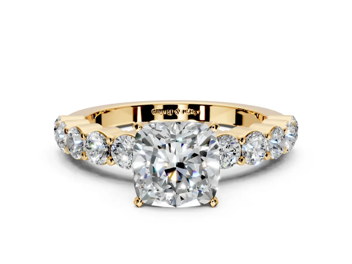 Shared-Prong Engagement Ring Setting for Cushion Cut Center with Graduated Accents and Prong Head in Yellow Gold