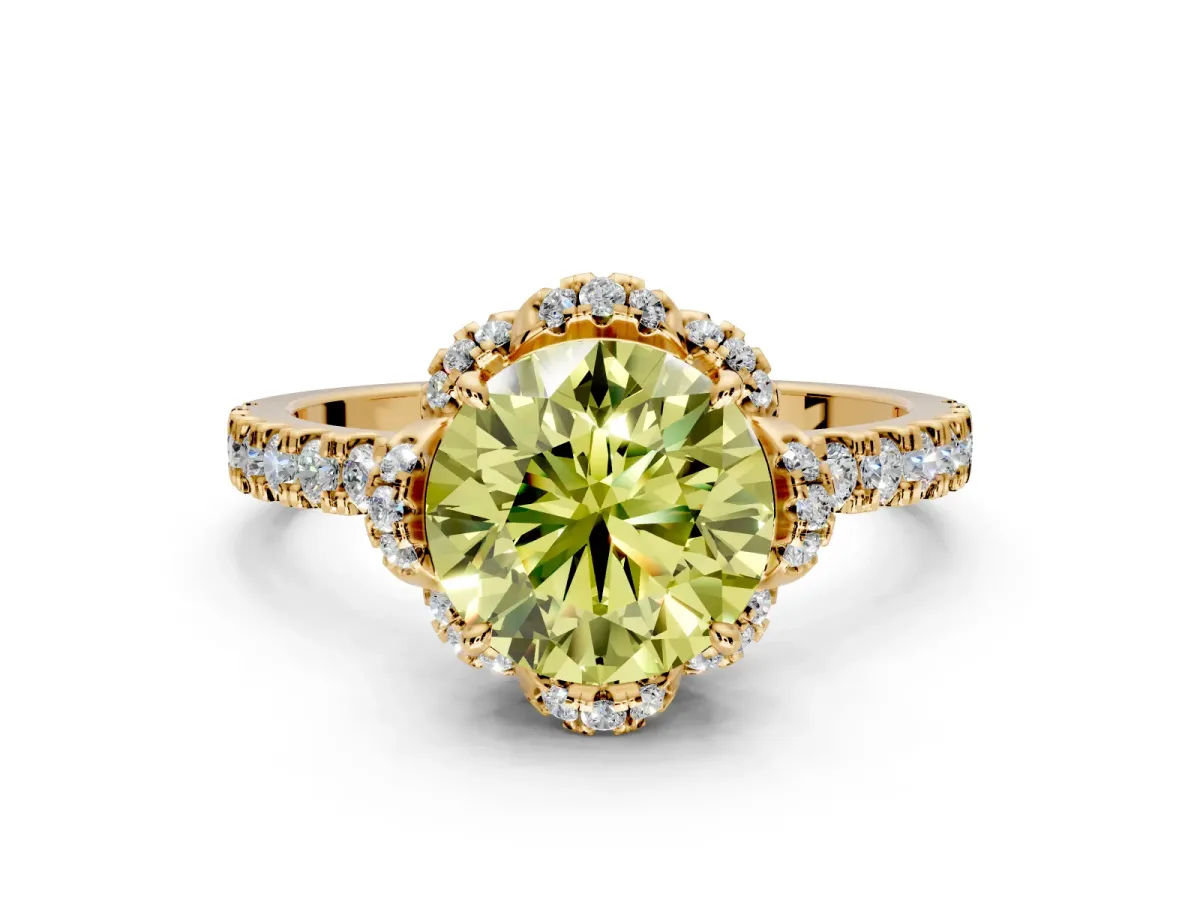 Halo Engagement Ring Setting for Fancy Yellow Round Cut Center with Openwork Halo, Pave Band and Prong Head in Yellow Gold