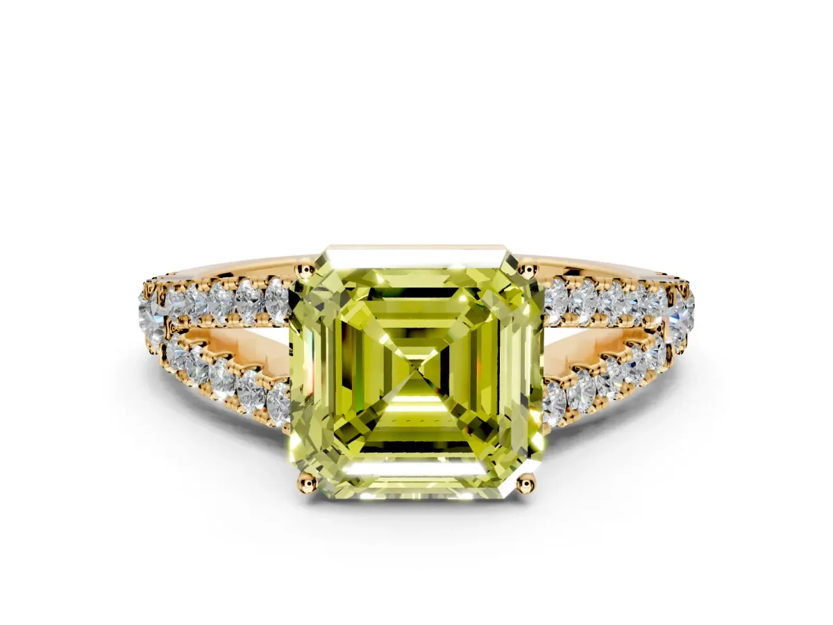 Solitaire Engagement Ring Setting for Fancy Yellow Asscher Cut Center with Pave Split Shank and Prong Head in Yellow Gold