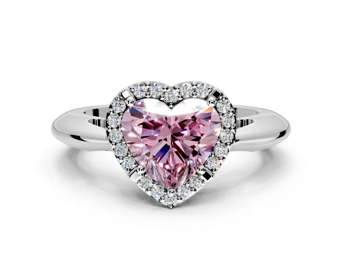 Halo Engagement Ring Setting for Fancy Pink Heart-Shaped Center with Tapered Plain Band and Prong Head in White Gold